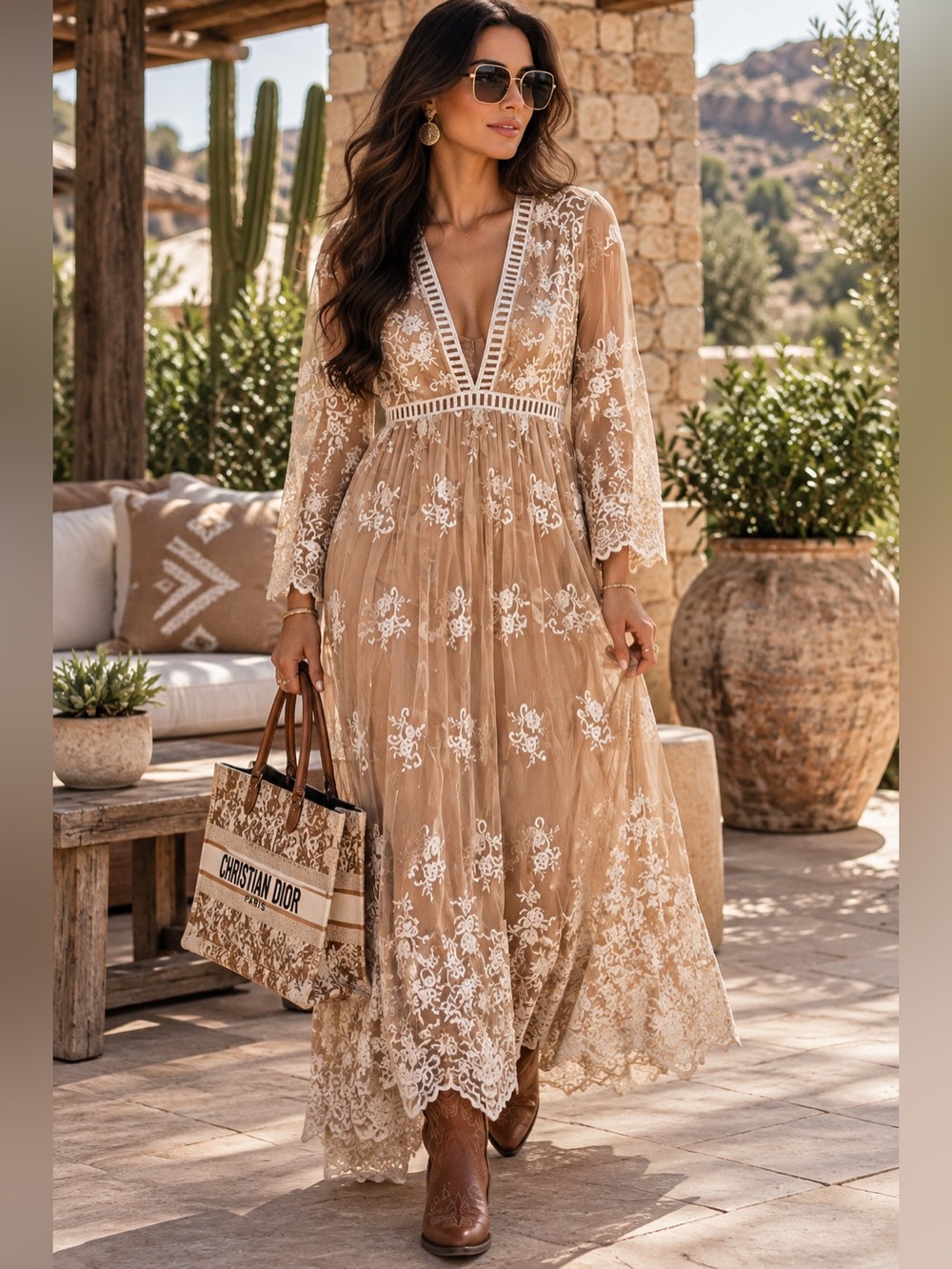 Forever 21 Beige White Embroidered Mesh Maxi Dress M Boho Western Bridal.